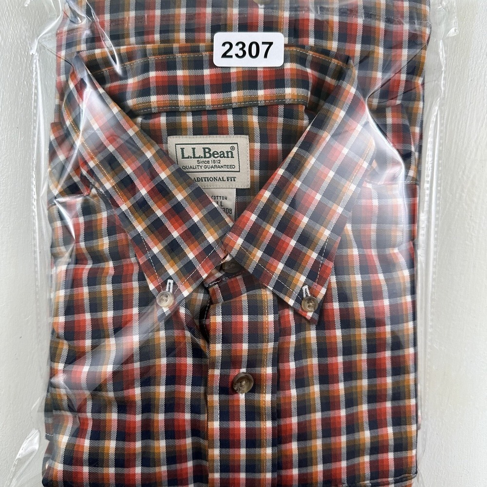 LL‎ Bean Plaid Sport Shirt Men Large TALL LT Black Orange Cotton Traditional Fit - Picture 10 of 10